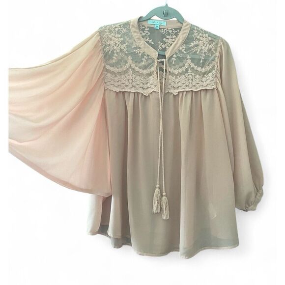 She + Sky Women's Pink Lace Blouse M 70% Silk Boho Peasant Romantic Style - Picture 1 of 5